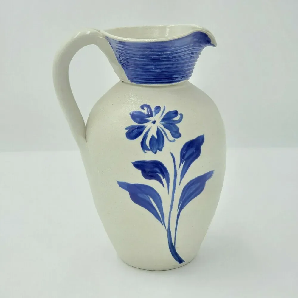 Williamsburg Pottery Country Style Pitcher Vase Cobalt Blue Flowers Stamped VTG